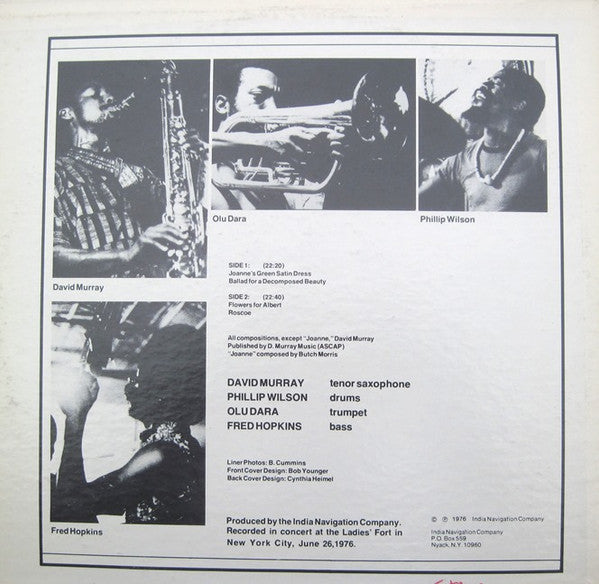 Image of Back Cover of LP - G/VG+ - DAVID MURRAY, Flowers For Albert (India Navigation ; IN 1026, US 1976, Pasteback Sleeve, Red Label), Seam split across over half of top edge, corner wear, small tears to bottom edge, back of sleeve slightly discoloured.,  - 4046230S