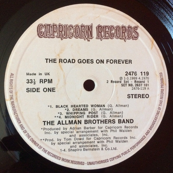 Image of Label Cover of 2xLP - VG+/VG+ - THE ALLMAN BROTHERS BAND, The Road Goes On Forever (Capricorn; 2637 101, UK 1975, Gatefold), With Polydor Press Sheet\,  - 1726047E