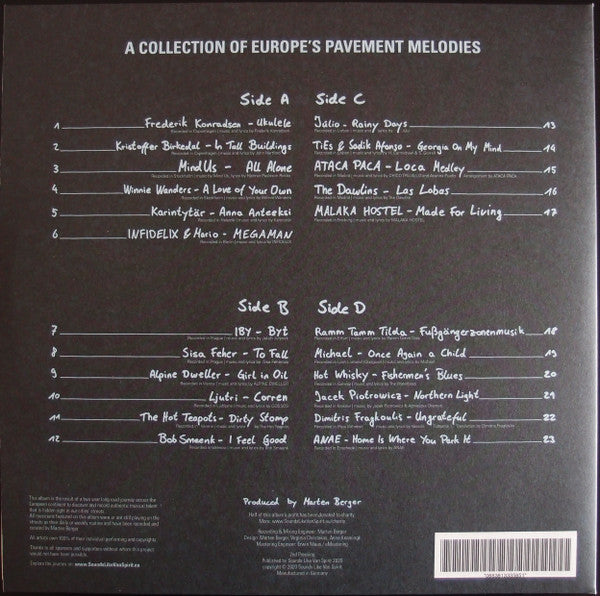 Image of Back Cover of 2xLP - EX/EX - VARIOUS, Sounds Like Van Spirit - A Collection Of Europe's Pavement Melodies (Sounds Like Van Spirit; none, Germany 2020 Reissue, Gatefold), , This album is a result of a two year long road journey accross the European continent to discover and record authentic musical talent that is hidden right in our cities' streets.All musicians featured on this album were or are still playing on the streets as their daily or weekly routine and have been recorded and curated by Mar