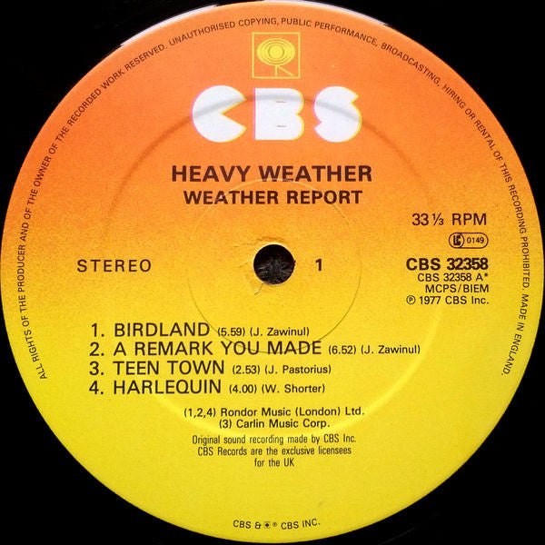 Image of Label Cover of LP - VG/VG - WEATHER REPORT, Heavy Weather (CBS Orange/Yellow; CBS 32358, UK 1983 Reissue, Company Inner), Strong VG throughout!,  - 3016017C