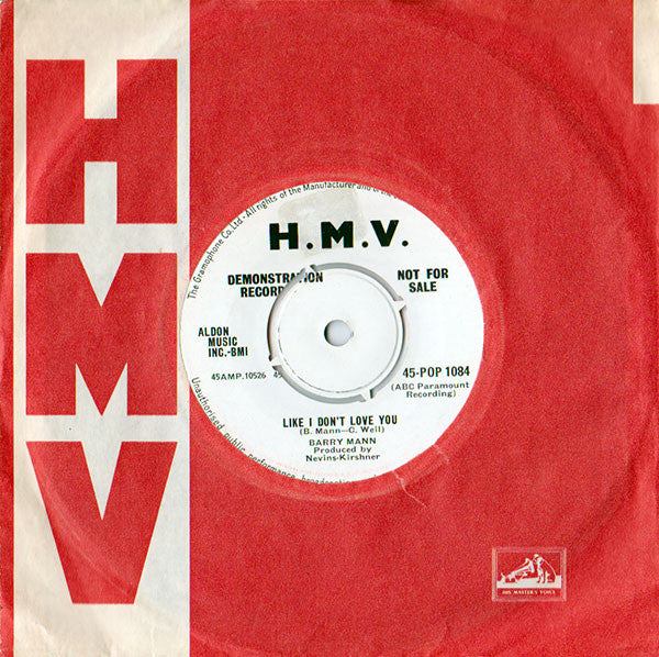 Image of Front Cover of 2015294C: 7" - BARRY MANN, Hey Baby I'm Dancin' / Like I Don't Love You (His Master's Voice; 45-POP 1084, UK 1962, A Label Demo) Centre Intact, Nice company sleeve  VG+/VG