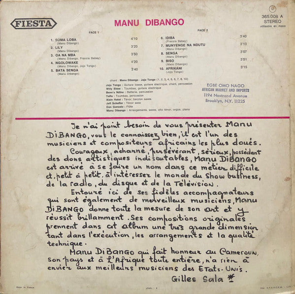 Image of Back Cover of LP - VG+/VG+ - MANU DIBANGO, Manu Dibango (Fiesta; 365.008 A, France 1971), , Unknown issue of this album. It shares the sleeve, cat no. and centre label info with the first pressings, but has a slightly different centre label design and the matrix is that of the 1973 reissue with cat no. 360,045. Possibly a 1971/72 pressing. - 2025333E