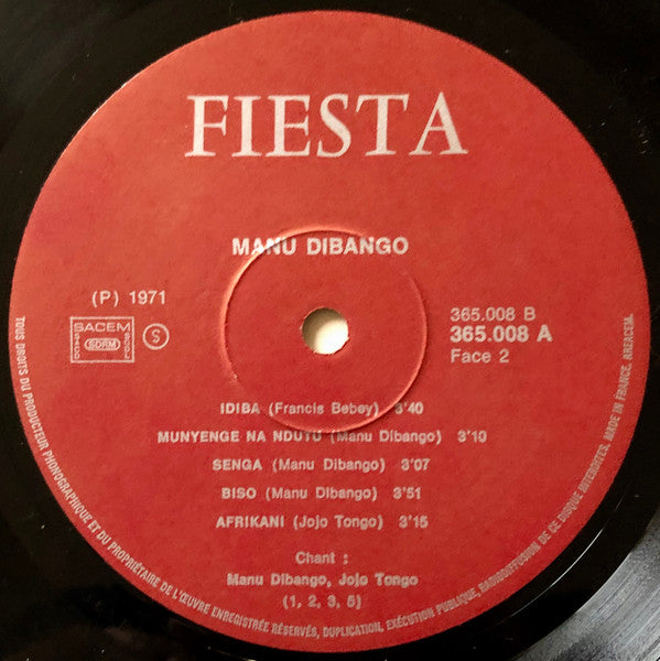 Image of Label Cover of LP - VG+/VG+ - MANU DIBANGO, Manu Dibango (Fiesta; 365.008 A, France 1971), , Unknown issue of this album. It shares the sleeve, cat no. and centre label info with the first pressings, but has a slightly different centre label design and the matrix is that of the 1973 reissue with cat no. 360,045. Possibly a 1971/72 pressing. - 2025333E