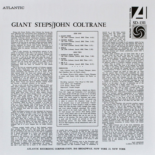 Image of Back Cover of LP - VG+/VG - JOHN COLTRANE, Giant Steps (Atlantic ; 081227945251, US 2017 Reissue, Insert, 180g. Mono), ,  - 3326210E