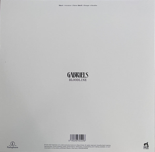 Image of Back Cover of 12" EP - VG/VG+ - GABRIELS, Bloodline (Parlophone; 0190296345296, UK 2022, Insert, Red Vinyl), sleeve downgraded as insert corner bumped, and sleeve has corner bump and some light creasing. ,  - 2025370E