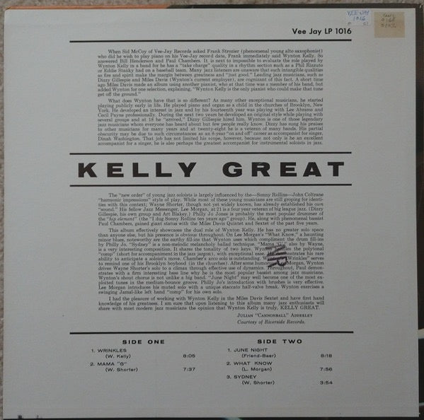 Image of Back Cover of 2015701C: LP - WYNTON KELLEY, Kelley Great (Vee Jay Records; LP 1016, US 1960, Pasteback Sleeve) Top seam split + spine and edge wear. Lots of marks/scuffs to disc but nothing serious - plays nicely with some surface noise.  G+/G