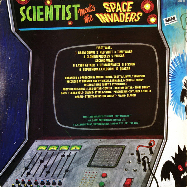 Image of Back Cover of LP - VG/VG+ - SCIENTIST, Scientist meets The Space Invaders (Greensleeves Records; GREL 19, UK 1981), Light storage wear on sleeve.,  - 3726217E