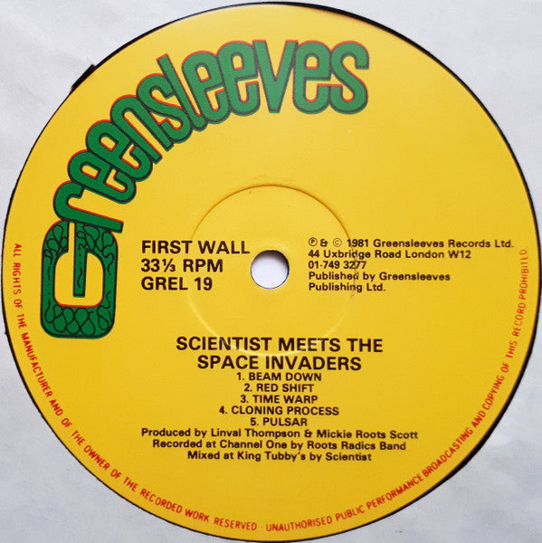Image of Label Cover of LP - VG/VG+ - SCIENTIST, Scientist meets The Space Invaders (Greensleeves Records; GREL 19, UK 1981), Light storage wear on sleeve.,  - 3726217E