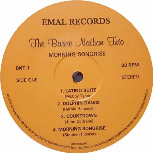 Image of Label Cover of LP - VG/VG - THE BARRIE NATHAN TRIO, Morning Songrise (Emal; BNT 1, UK 1986), A few light marks/scuffs to disc.,  - 2015729C