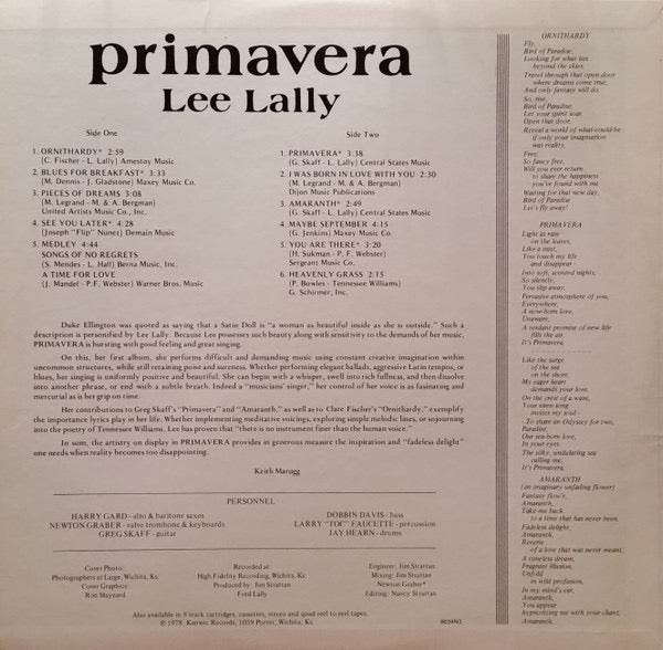 Image of Back Cover of LP - VG/VG - LEE LALLY, Primavera (Kanwic Records; HFS 266, US 1978, Pasteback Sleeve), ,  - 2015731C