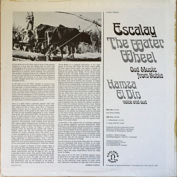 Image of Back Cover of LP - VG+/VG+ - HAMZA EL DIN, Escalay - The Water Wheel (Nonesuch ; H-72041, US 1971, Teal Labels Without Rim Text), Very Strong VG+,  - 1726509E