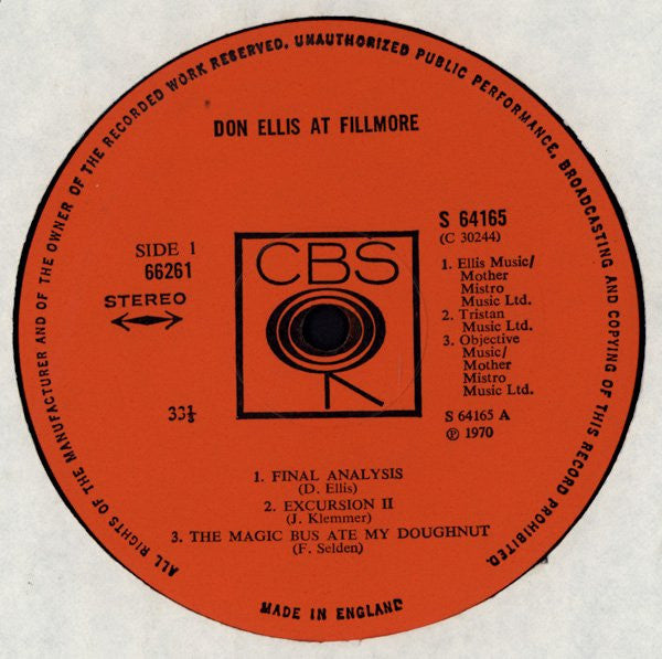 Image of Label Cover of 2xLP - VG/VG - DON ELLIS, At Fillmore (CBS Orange (33 1/3 On Label); 66261, UK 1970, Gatefold), ,  - 1826342E