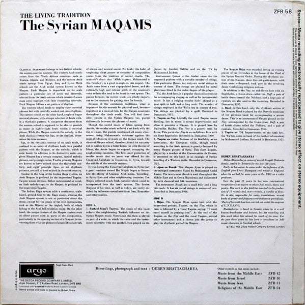 Image of Back Cover of LP - VG+/VG+ - PRODUCED BY DEBEN BHATTACHARYA, Living Tradition - The Syrian Maqams (Argo; ZFB58, UK 1967), ,  - 3226166E