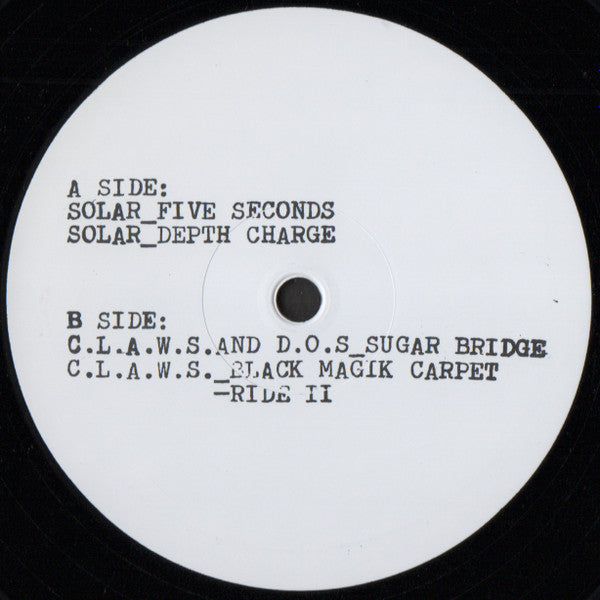 Image of Back Cover of 12" EP - /VG+ - SOLAR / C.L.A.W.S. / D.O.S., Various Squirrels Vol. 1 (Squirrels On Film; SOF01, Netherlands 2018 Reissue, Plain Sleeve), , A1	Solar 	5 SecondsA2	Solar 	DepthchargeB1	C.L.A.W.S. and D.O.S. Sugar BridgeB2	C.L.A.W.S. Black Magik Carpet Ride II - 1726414E