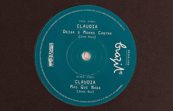 Image of Label Cover of 7" - EX/EX - CLAUDIA, Deixa O Morro Cantar / Mas Que Nada (Mr Bongo; BRZ45.066, UK 2017, Company Sleeve, Solid Centre), ,  - 2056129S