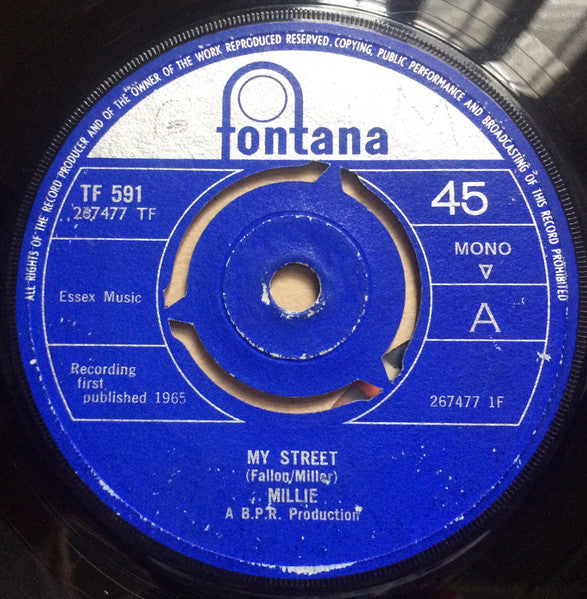 Image of Front Cover of 7" - VG+/EX - MILLIE, My Street/ It's Too Late (Fontana; TF 591, UK 1965, Company Sleeve, 3-Prong Centre), Light blemish on label. Light ringwear on sleeve.,  - 1456121S