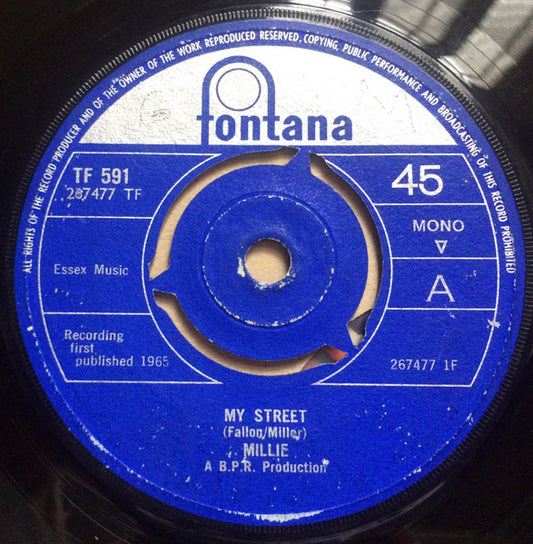 Image of Front Cover of 7" - VG+/EX - MILLIE, My Street/ It's Too Late (Fontana; TF 591, UK 1965, Company Sleeve, 3-Prong Centre), Light blemish on label. Light ringwear on sleeve.,  - 1456121S