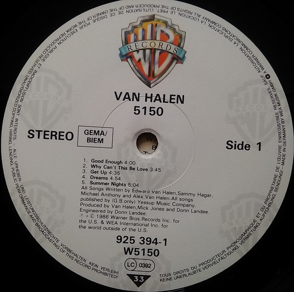 Image of Label Cover of LP - VG/VG - VAN HALEN, 5150 (Warner Bros. Records; W 5150, UK & Europe 1986, Inner), Light hairlines. Edgewear. ,  - 3926313E