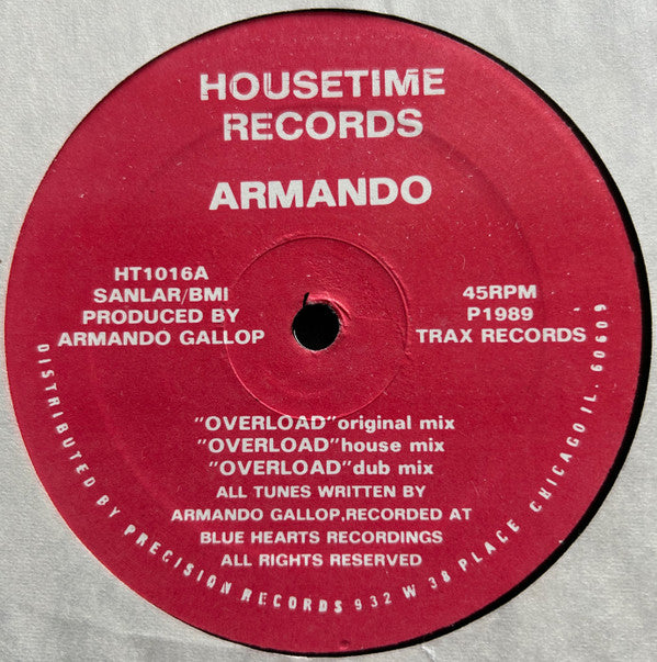 Image of Front Cover of 12" - /VG - ARMANDO, Overload (House Trax; HT1016, UK 1989), light marks only,  - 3346104S