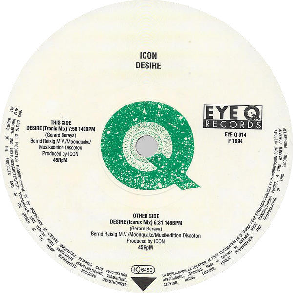 Image of Label Cover of 12" - G+/G - ICON, Desire (Eye Q Records; EYE Q 014, Germany 1994, Company Sleeve), Sleeve worn and creased at edges / corners, A) Desire (Icarus Mix)B) Desite (Tronic Mix) - 1416542C