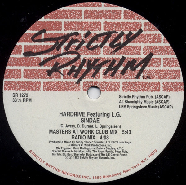 Image of Front Cover of 12" - /VG+ - HARDRIVE FEATURING L.G., Sindae (Strictly Rhythm; SR 1272, US 1992), , Classic material from Louie Vega.Masterclass from Kenny and Louie on the "Kenlou Dub". - 2646118S