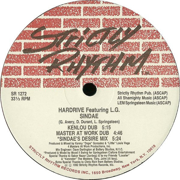 Image of Back Cover of 12" - /VG+ - HARDRIVE FEATURING L.G., Sindae (Strictly Rhythm; SR 1272, US 1992), , Classic material from Louie Vega.Masterclass from Kenny and Louie on the "Kenlou Dub". - 2646118S