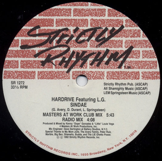 Image of Front Cover of 12" - /VG+ - HARDRIVE FEATURING L.G., Sindae (Strictly Rhythm; SR 1272, US 1992), , Classic material from Louie Vega.Masterclass from Kenny and Louie on the "Kenlou Dub". - 2646118S