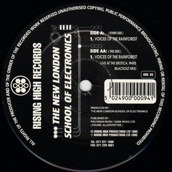 Image of Label Cover of 12" - VG/VG - THE NEW LONDON SCHOOL OF ELECTRONICS, Voices Of The Rainforest (Rising High Records; RSN 63, UK 1993, Company Sleeve), light marks only. original company sleeve,  - 3446150S
