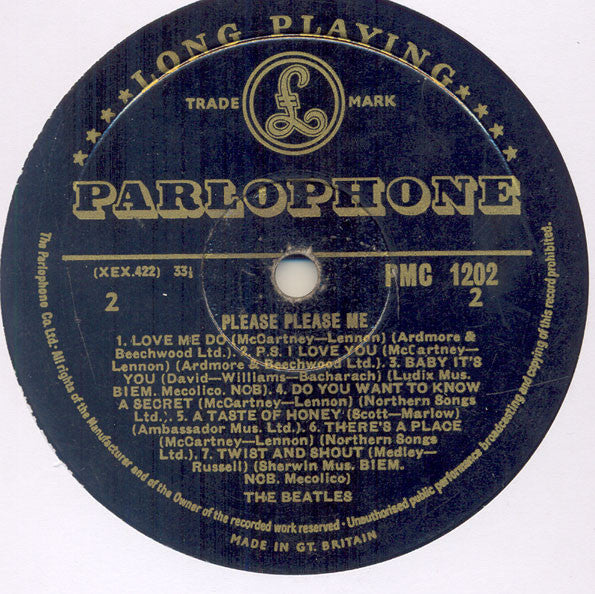 Image of Label Cover of LP - G/G - THE BEATLES, Please Please Me (Parlophone Black/Gold; PMC 1202, UK 1963, Flipback EJ Day, Mono - Northern Songs Publishing, Aligned Photo - XEX421-1N, XEX422-1N.), Tear Across Back Bottom Sleeve, Sticker On Back Sleeve,  - 1046341S