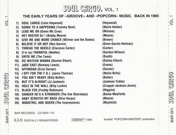Image of Back Cover of 2255030S: CD - VARIOUS, Soul Cargo Vol.1 (Bar Records; CD BAR 110, Belgium 1994)   VG/VG+