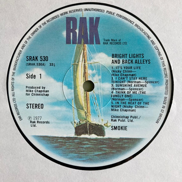 Image of Label Cover of 2215048C: LP - SMOKIE, Bright Lights And Back Alleys (RAK; SRAK 530, UK 1977, Inner) Strong VG  VG/VG