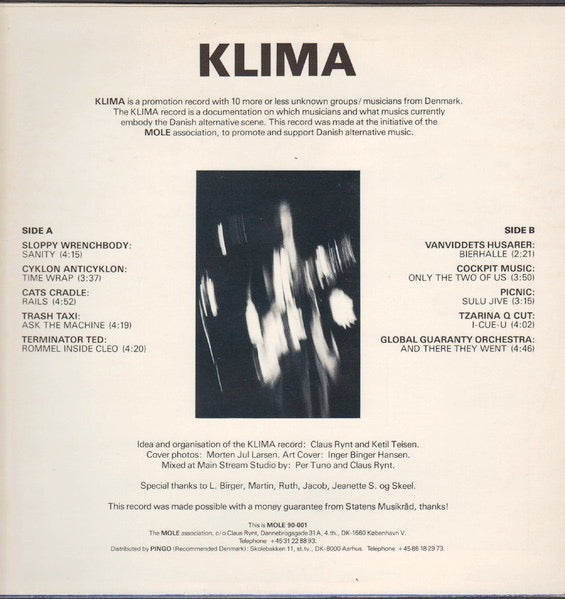 Image of Back Cover of LP - VG+/VG+ - VARIOUS, Klima (Mole Recordings; MOLE 90-001, Denmark 1990, Booklet), Sticker Stuck to Sleeve,  - 1726206E