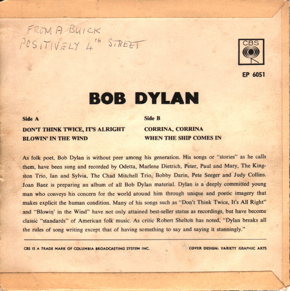 Image of Back Cover of 7" EP - VG/VG - BOB DYLAN, Dylan (CBS; EP 6051, UK 1964, Laminated Flipback Sleeve, Push-Out Centre.), Missing Centre, Writing On Rear Sleeve, TracklistA1	Don't Think Twice, It's Alright	A2	Blowin' In The Wind	B1	Corrina, Corrina	B2	When The Ship Comes In - 4126103E
