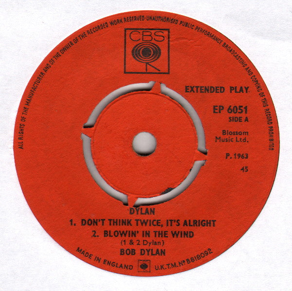Image of Label Cover of 7" EP - VG/VG - BOB DYLAN, Dylan (CBS; EP 6051, UK 1964, Laminated Flipback Sleeve, Push-Out Centre.), Missing Centre, Writing On Rear Sleeve, TracklistA1	Don't Think Twice, It's Alright	A2	Blowin' In The Wind	B1	Corrina, Corrina	B2	When The Ship Comes In - 4126103E