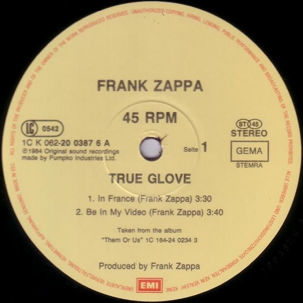 Image of Label Cover of 12" - VG/VG+ - FRANK ZAPPA, True Glove (EMI Electrola GmbH ; 1C K 062 20 0387 6, Germany 1984, Picture Sleeve), ,  - 3116105C