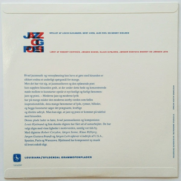 Image of Back Cover of 10" - VG+/VG - ROBERT CORYDON, J RGEN SONNE, KLAUS RIFBJERG, J RGEN GUSTAVA BRANDT, J RGEN LETH MUSIKKEN KOMPONERET AF LOUIS HJULMAND, Jazz Og Poesi (seriE.WOC; EWOC04LP, Italy 2013 Reissue, Picture Sleeve, 140 Gram), Some light storage marks to disc.,  - 2215225C