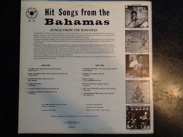 Image of Back Cover of LP - VG+/VG - VARIOUS, Hit Songs From The Bahamas (G.B.I. Recording Co. Ltd.; G.B.I.-106, Bahamas, The , Pasteback Sleeve), Pressing flaws. Small patch of sticker residue to sleeve.,  - 2215431C