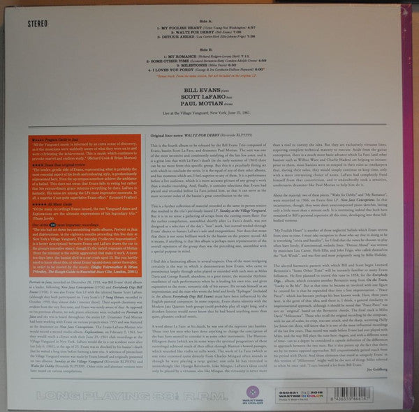 Image of Back Cover of LP - NEW/NEW - BILL EVANS TRIO WITH SCOTT LAFARO, PAUL MOTIAN, Waltz For Debby (WaxTime In Color; 950621, Europe 2018 Reissue, Purple Vinyl), ,  - 1316363C