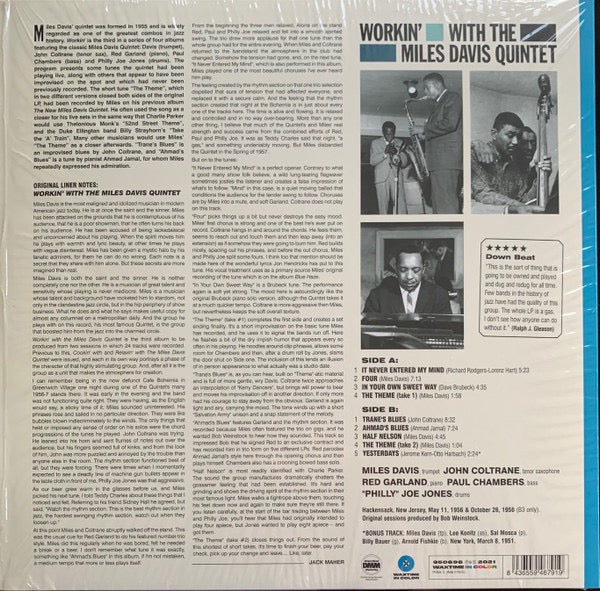 Image of Back Cover of LP - NEW/NEW - THE MILES DAVIS QUINTET, Workin' With The Miles Davis Quintet (WaxTime In Color; 950696, Europe 2021 Reissue, Limited Edition, 180g, Blue Vinyl), ,  - 3536172E