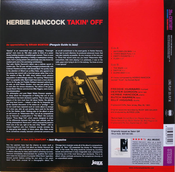 Image of Back Cover of LP - NEW/NEW - HERBIE HANCOCK, Takin' Off (20th Century Masterworks; 350244, Europe 2022 Reissue, Red Vinyl), ,  - 2436133E