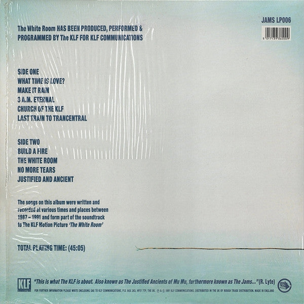 Image of Back Cover of LP - VG+/VG+ - THE KLF, The White Room (KLF; JAMS LP006, UK 1991, Picture sleeve, Inner, Original hype sticker on sleeve.), OG Hype sticker & inner. 3-4 very light hairlines. 2 tiny corner bumps.,  - 3126103E