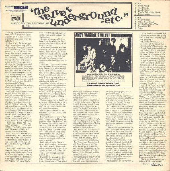 Image of Back Cover of LP - VG+/VG+ - THE VELVET UNDERGROUND, Etc. (Plastic Inevitable Records; FIRST-1, Australia 1981 Reissue), Strong VG+, Slight Ring Wear,  - 4025204E