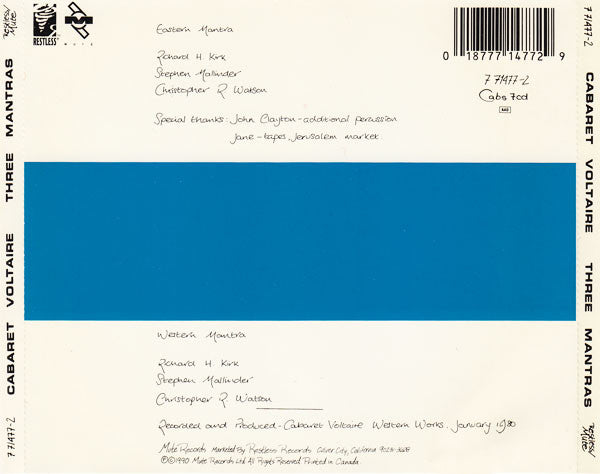 Image of Back Cover of 2315017C: CD - CABARET VOLTAIRE, Three Mantras (Restless Records; 7 71477-2, US 1990)   VG+/VG+