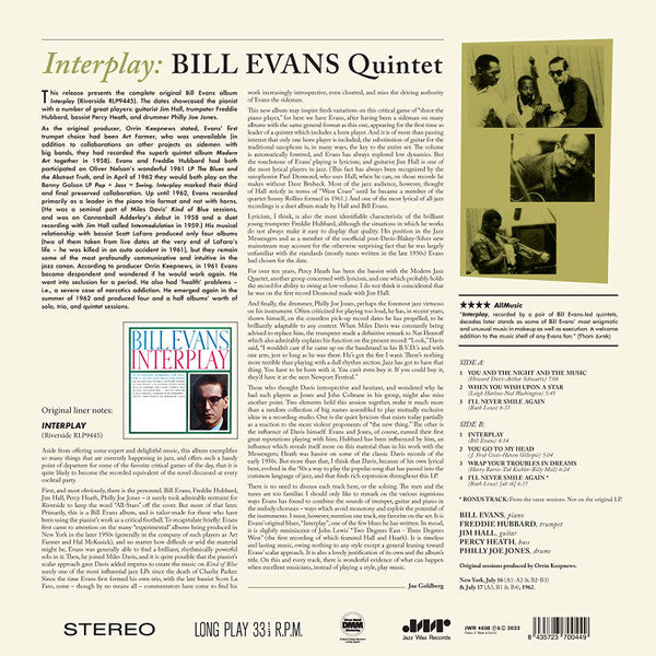 Image of Back Cover of LP - NEW/NEW - BILL EVANS QUINTET, Interplay (Jazz Wax Records; 4608, Europe 2023 Reissue), ,  - 2456184S