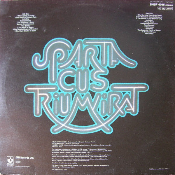 Image of Back Cover of LP - VG/VG+ - TRIUMVIRAT, Spartacus (Harvest; SHSP 4048, UK 1975), ,  - 2325041E