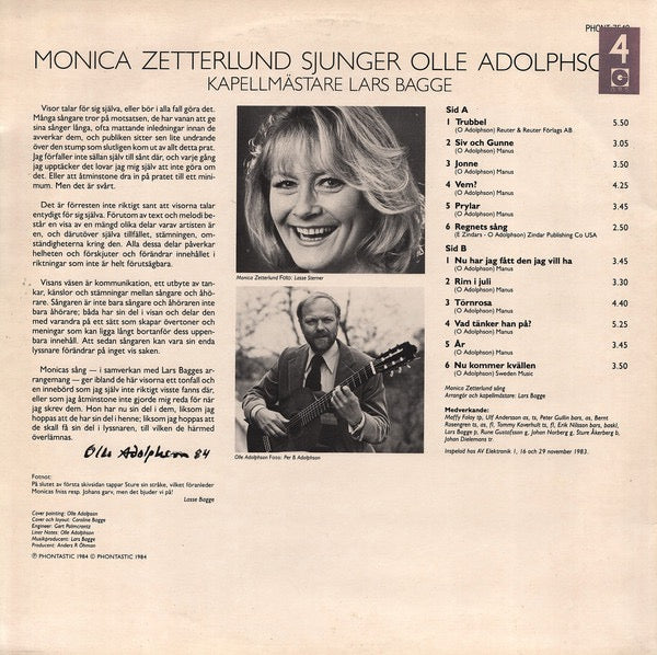 Image of Back Cover of LP - VG/VG+ - MONICA ZETTERLUND, Monica Zetterlund Sjunger Olle Adolphson (Phontastic; PHONT 7549, Sweden 1984), ,  - 2315158C