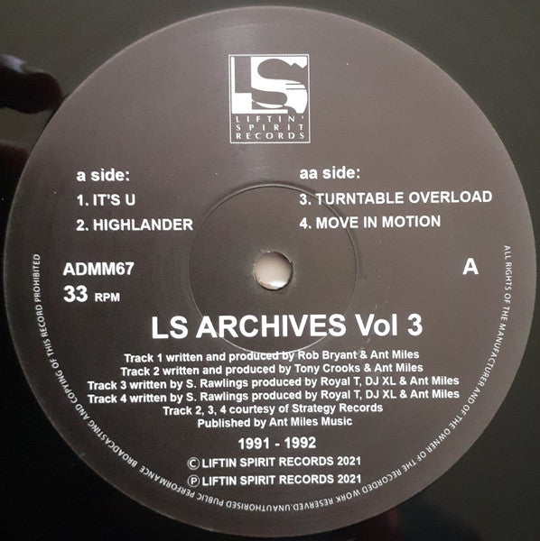 Image of Front Cover of 12" EP - VG+/VG - VARIOUS, LS Archives Vol 3 (Liftin' Spirit Records; ADMM67, UK 2021, Company Sleeve), , A1 Rob Bryant & Ant Miles  	It's UA2 Tony Crooks & Ant Miles   HighlanderAA1 Royal T, DJ XL & Ant Miles   Turntable OverloadAA2 Royal T, DJ XL & Ant Miles   Move In Motion - 2315222C