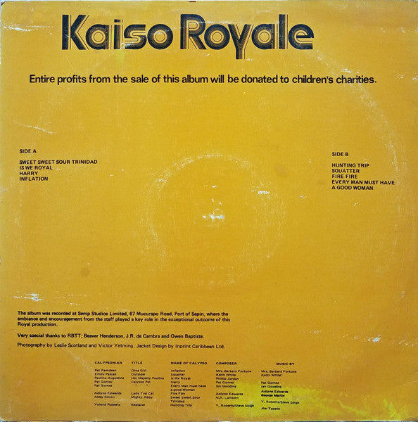 Image of Back Cover of LP - G+/VG+ - VARIOUS ARTISTS, Kaiso Royale (Semp Production; SRB-001, Trinidad & Tobago 1979), Shiny clean disc. Lots of storage wear on sleeve.,  - 2315247C