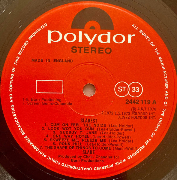 Image of Label Cover of LP - VG/VG+ - SLADE, Sladest (Polydor Red Labels With No Hyphens In Cat. No; 2442 119, UK 1973, Gatefold With Booklet Attached), ,  - 4016401C