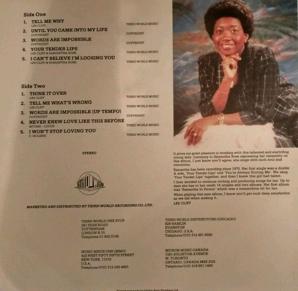 Image of Back Cover of LP - VG/VG - SAMANTHA ROSE, Tell Me Why (Third World; TDWD27, UK 1979), Edge Wear,  - 2345329S